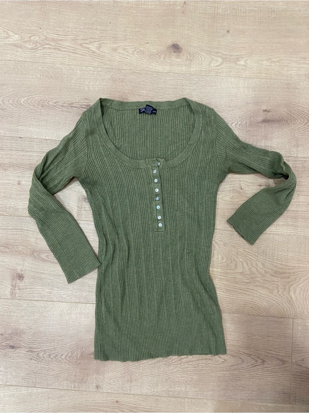 Ribbed Henley Scoop Neck Long Sleeve Top - Olive